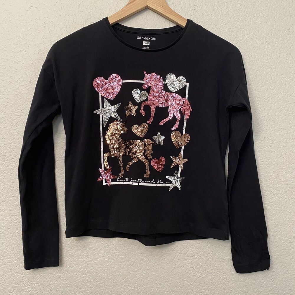 F&F Girls 12-13 Yrs Black Unicorn colorful Sequin Top. “Time to sparkle and shin